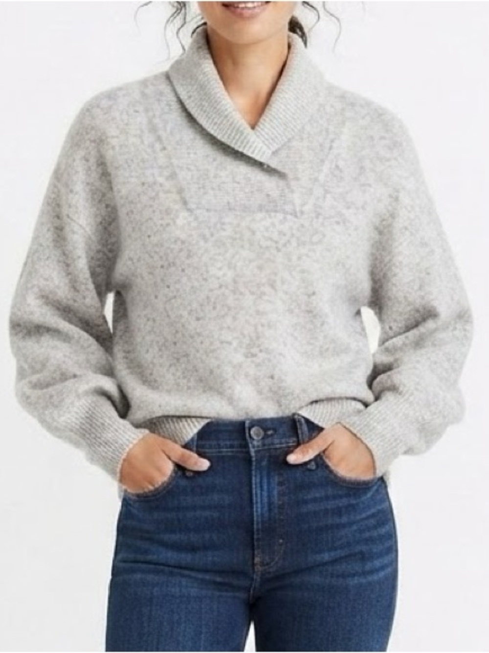 Madewell Gray Shawl Collar Pullover Balloon Sleeve Sweater Size S Wool Blend